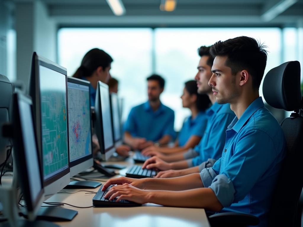 Logistics dispatch center with professional team coordinating freight